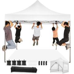 10x10ft Pop Up Canopy, YUEBO One Push Tent Canopy w/Button Push, Straight Legs, Wheeled Carry Case, 8 Stakes - White