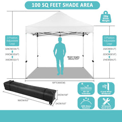 10x10ft Pop Up Canopy, YUEBO One Push Tent Canopy w/Button Push, Straight Legs, Wheeled Carry Case, 8 Stakes - White