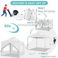 10x10ft Pop Up Canopy, YUEBO One Push Tent Canopy w/Button Push, Straight Legs, Wheeled Carry Case, 8 Stakes - White