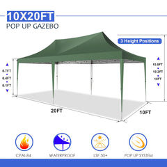 10'x20' Ez Pop Up Canopy Tent, YUEBO Commercial Instant Canopies with 6 Removable Side Walls Portable & Carrying Bag for Patio Picnic Carport Party Wedding, Green
