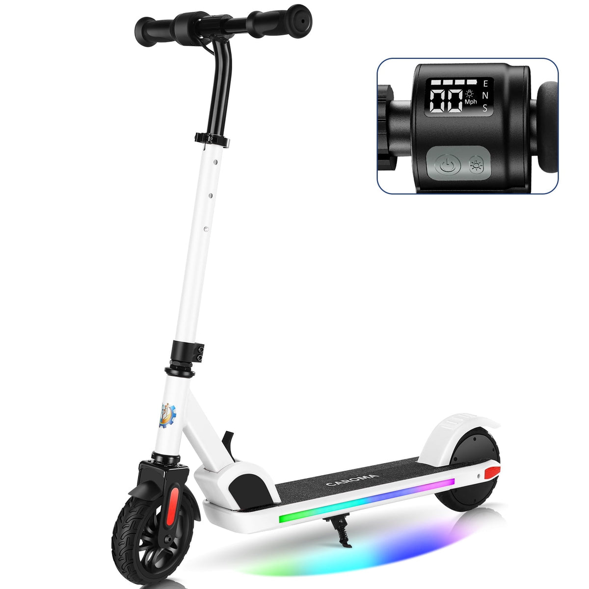 Caroma Electric Scooter for Kids Ages 8-12, Max 7 Miles Range and 10 Mph Max Speed, Colorful Rainbow Light, UL2272 Certification, Lightweight Electric Scooter with Adjustable Height